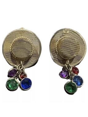 Vintage Pierced Earrings 80s Mesh Sun Hat Gold Multicolor Jewels Dangle Retro